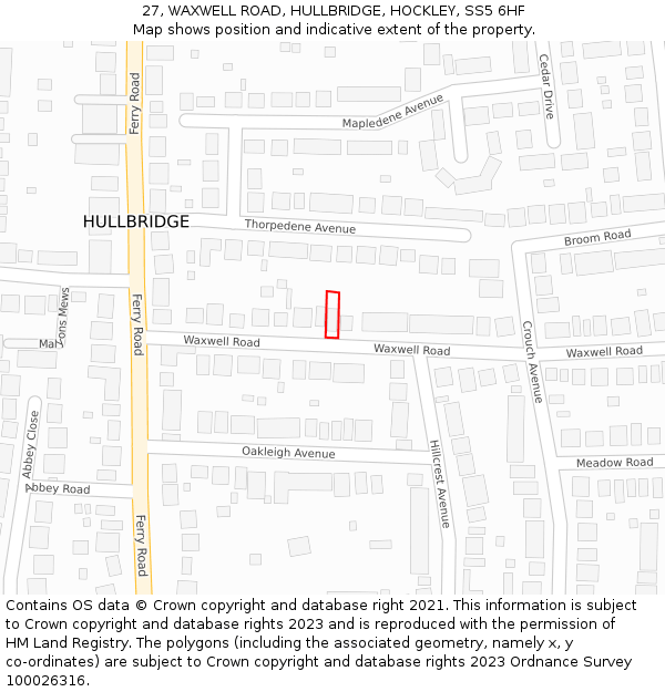 27, WAXWELL ROAD, HULLBRIDGE, HOCKLEY, SS5 6HF: Location map and indicative extent of plot