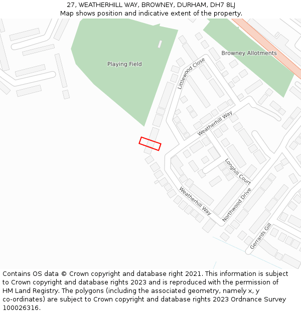 27, WEATHERHILL WAY, BROWNEY, DURHAM, DH7 8LJ: Location map and indicative extent of plot