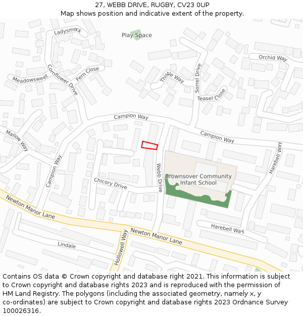 27, WEBB DRIVE, RUGBY, CV23 0UP: Location map and indicative extent of plot