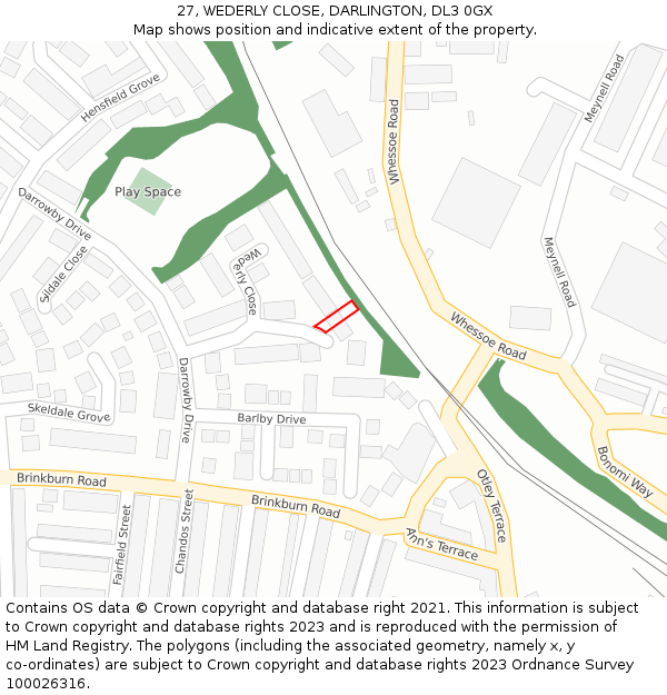 27, WEDERLY CLOSE, DARLINGTON, DL3 0GX: Location map and indicative extent of plot