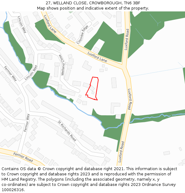 27, WELLAND CLOSE, CROWBOROUGH, TN6 3BF: Location map and indicative extent of plot