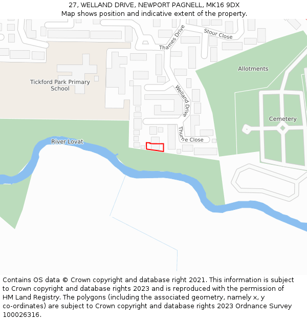 27, WELLAND DRIVE, NEWPORT PAGNELL, MK16 9DX: Location map and indicative extent of plot