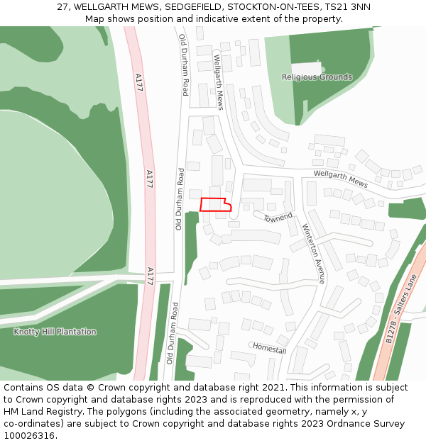 27, WELLGARTH MEWS, SEDGEFIELD, STOCKTON-ON-TEES, TS21 3NN: Location map and indicative extent of plot