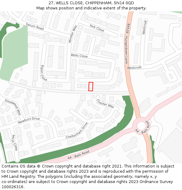 27, WELLS CLOSE, CHIPPENHAM, SN14 0QD: Location map and indicative extent of plot