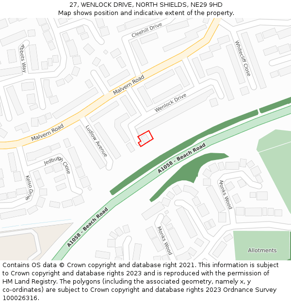 27, WENLOCK DRIVE, NORTH SHIELDS, NE29 9HD: Location map and indicative extent of plot