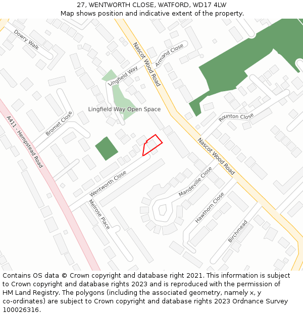 27, WENTWORTH CLOSE, WATFORD, WD17 4LW: Location map and indicative extent of plot