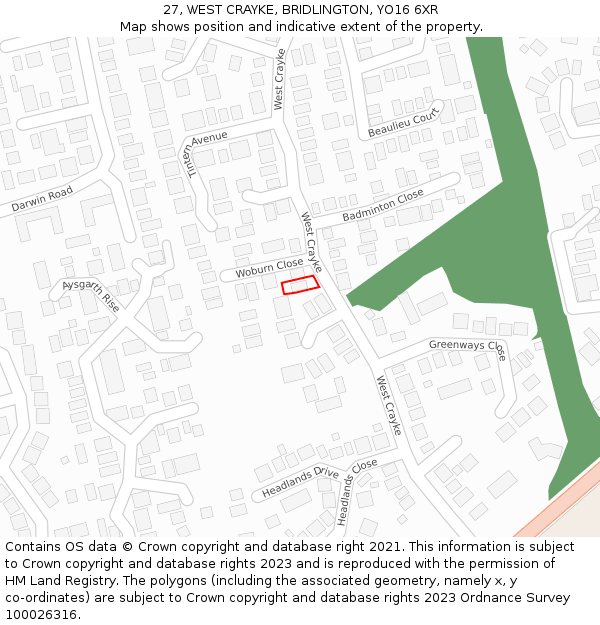 27, WEST CRAYKE, BRIDLINGTON, YO16 6XR: Location map and indicative extent of plot