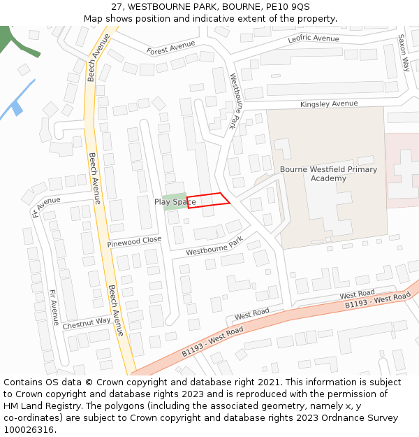 27, WESTBOURNE PARK, BOURNE, PE10 9QS: Location map and indicative extent of plot