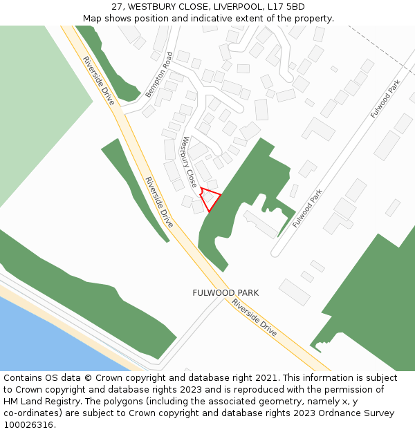 27, WESTBURY CLOSE, LIVERPOOL, L17 5BD: Location map and indicative extent of plot