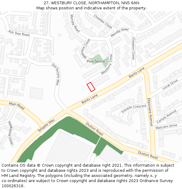 27, WESTBURY CLOSE, NORTHAMPTON, NN5 6AN: Location map and indicative extent of plot