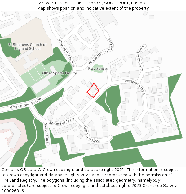 27, WESTERDALE DRIVE, BANKS, SOUTHPORT, PR9 8DG: Location map and indicative extent of plot