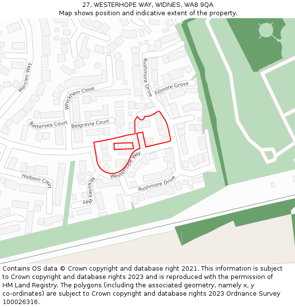 27, WESTERHOPE WAY, WIDNES, WA8 9QA: Location map and indicative extent of plot