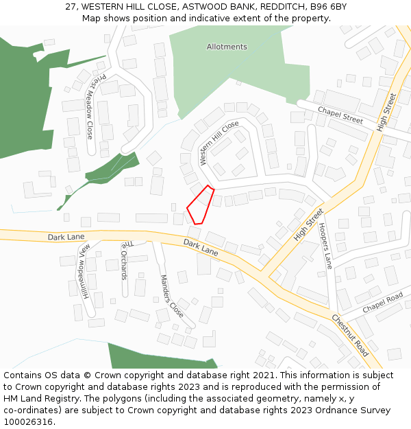 27, WESTERN HILL CLOSE, ASTWOOD BANK, REDDITCH, B96 6BY: Location map and indicative extent of plot