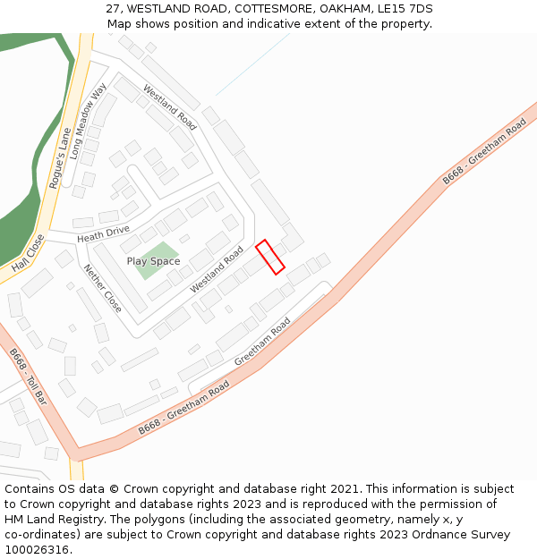 27, WESTLAND ROAD, COTTESMORE, OAKHAM, LE15 7DS: Location map and indicative extent of plot