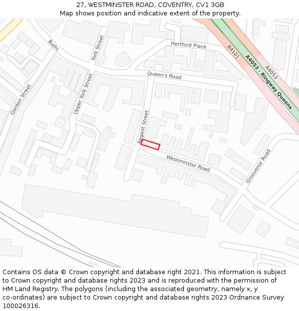 27, WESTMINSTER ROAD, COVENTRY, CV1 3GB: Location map and indicative extent of plot