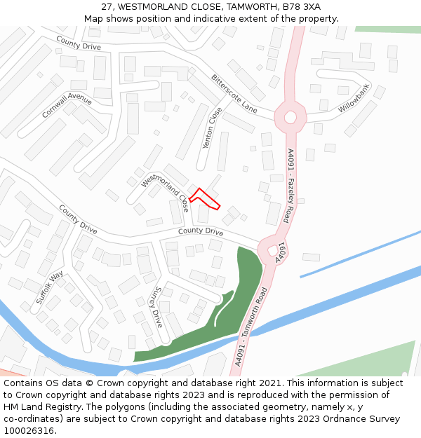 27, WESTMORLAND CLOSE, TAMWORTH, B78 3XA: Location map and indicative extent of plot