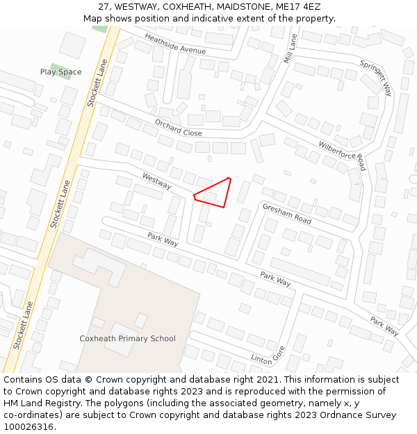 27, WESTWAY, COXHEATH, MAIDSTONE, ME17 4EZ: Location map and indicative extent of plot