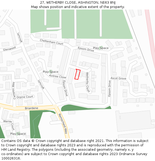 27, WETHERBY CLOSE, ASHINGTON, NE63 8NJ: Location map and indicative extent of plot