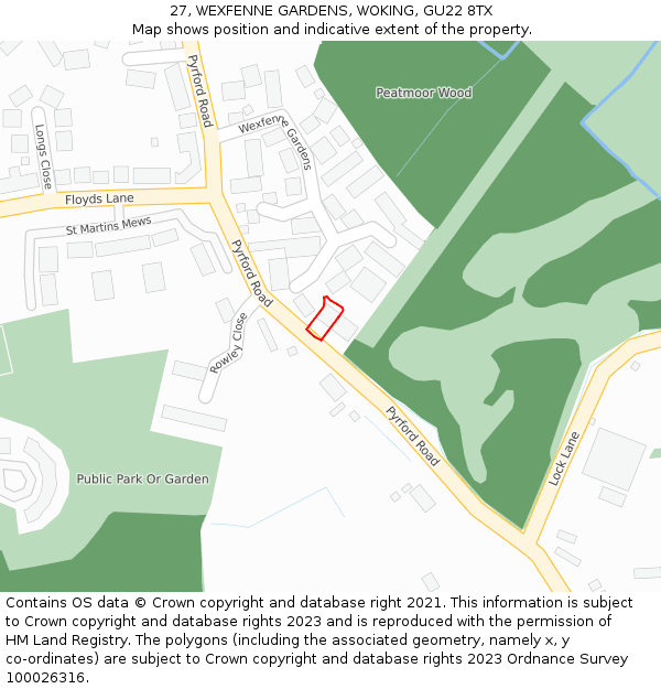 27, WEXFENNE GARDENS, WOKING, GU22 8TX: Location map and indicative extent of plot