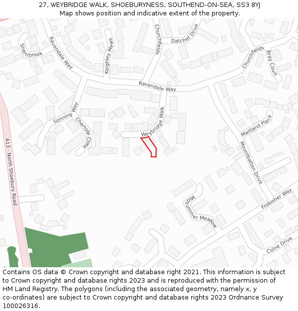 27, WEYBRIDGE WALK, SHOEBURYNESS, SOUTHEND-ON-SEA, SS3 8YJ: Location map and indicative extent of plot