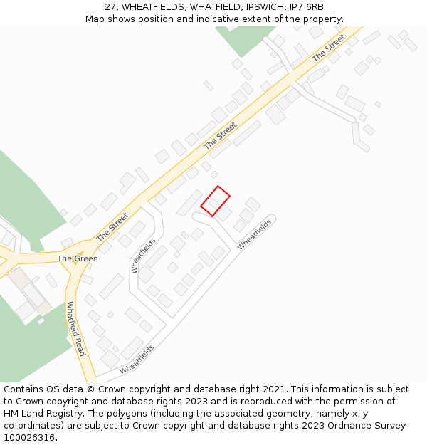 27, WHEATFIELDS, WHATFIELD, IPSWICH, IP7 6RB: Location map and indicative extent of plot