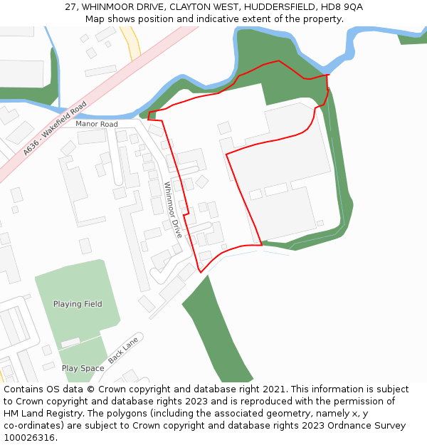 27, WHINMOOR DRIVE, CLAYTON WEST, HUDDERSFIELD, HD8 9QA: Location map and indicative extent of plot