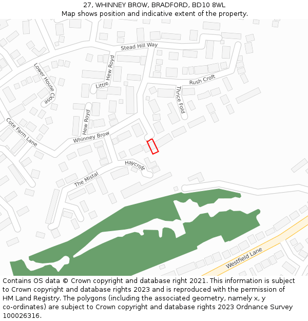 27, WHINNEY BROW, BRADFORD, BD10 8WL: Location map and indicative extent of plot