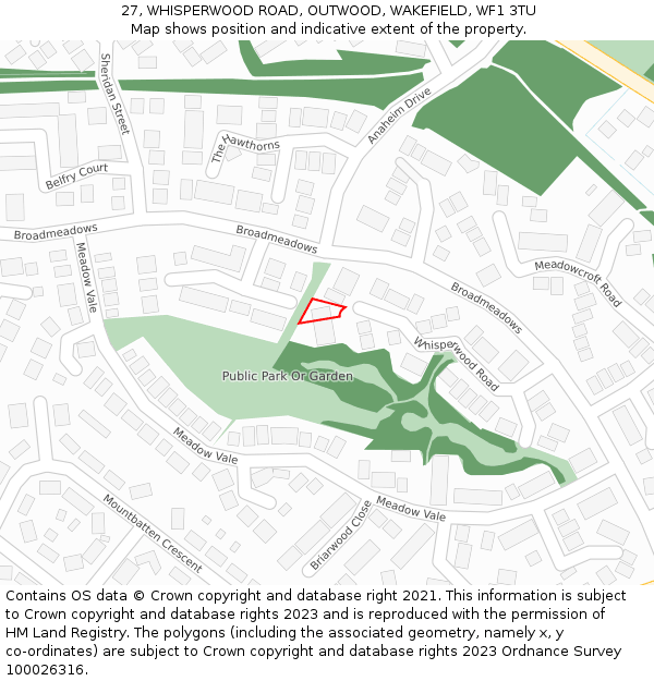 27, WHISPERWOOD ROAD, OUTWOOD, WAKEFIELD, WF1 3TU: Location map and indicative extent of plot