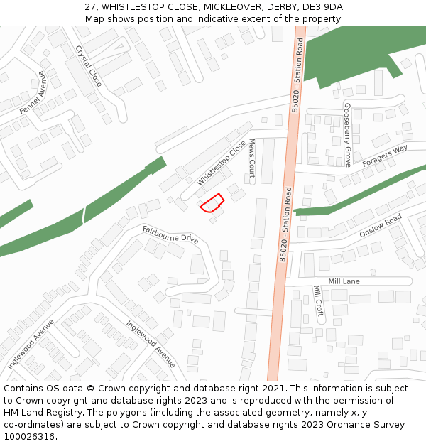27, WHISTLESTOP CLOSE, MICKLEOVER, DERBY, DE3 9DA: Location map and indicative extent of plot