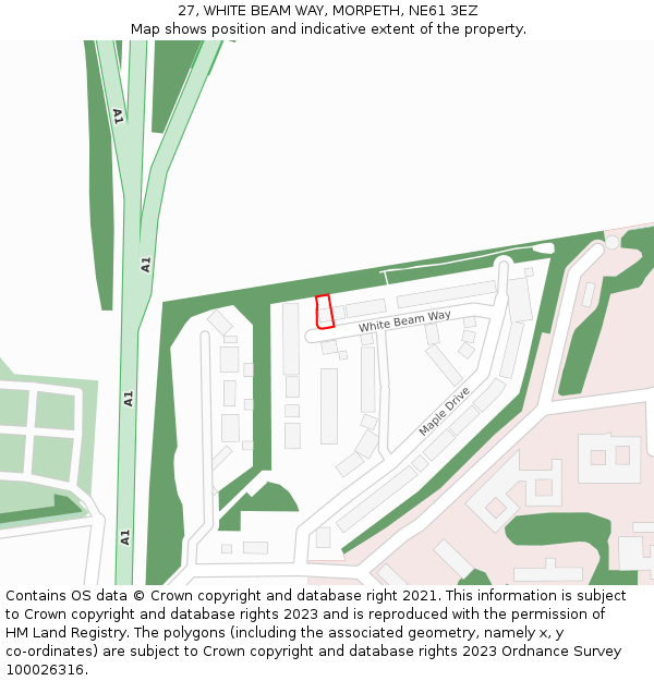 27, WHITE BEAM WAY, MORPETH, NE61 3EZ: Location map and indicative extent of plot