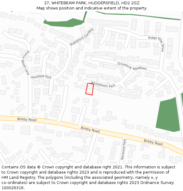 27, WHITEBEAM PARK, HUDDERSFIELD, HD2 2GZ: Location map and indicative extent of plot