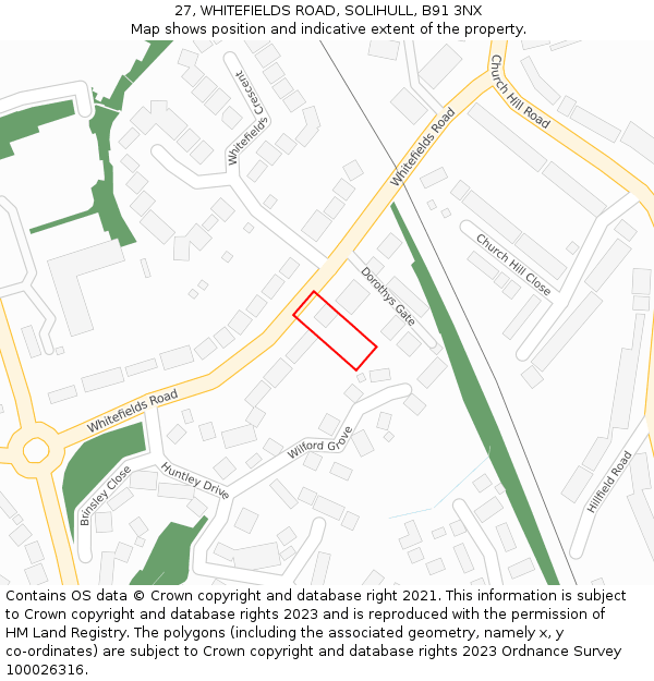 27, WHITEFIELDS ROAD, SOLIHULL, B91 3NX: Location map and indicative extent of plot