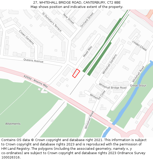 27, WHITEHALL BRIDGE ROAD, CANTERBURY, CT2 8BE: Location map and indicative extent of plot