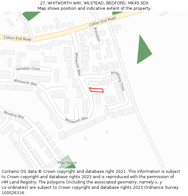 27, WHITWORTH WAY, WILSTEAD, BEDFORD, MK45 3DX: Location map and indicative extent of plot