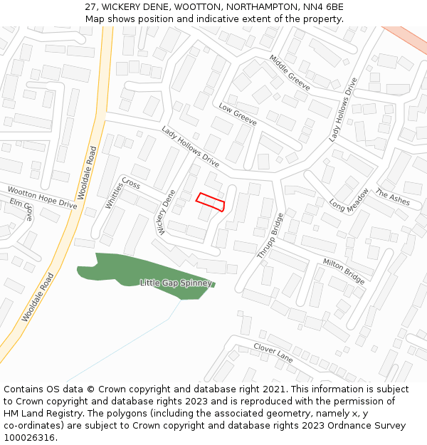 27, WICKERY DENE, WOOTTON, NORTHAMPTON, NN4 6BE: Location map and indicative extent of plot