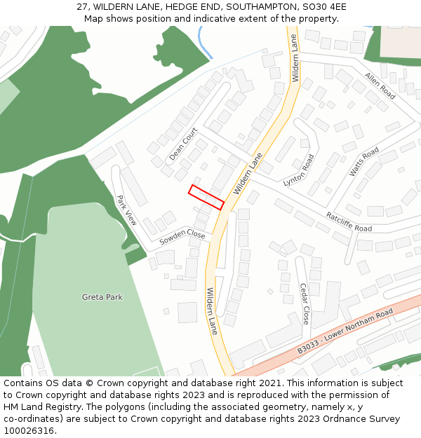 27, WILDERN LANE, HEDGE END, SOUTHAMPTON, SO30 4EE: Location map and indicative extent of plot