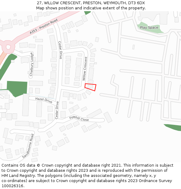 27, WILLOW CRESCENT, PRESTON, WEYMOUTH, DT3 6DX: Location map and indicative extent of plot