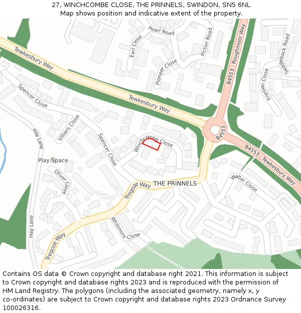 27, WINCHCOMBE CLOSE, THE PRINNELS, SWINDON, SN5 6NL: Location map and indicative extent of plot