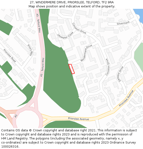 27, WINDERMERE DRIVE, PRIORSLEE, TELFORD, TF2 9RA: Location map and indicative extent of plot