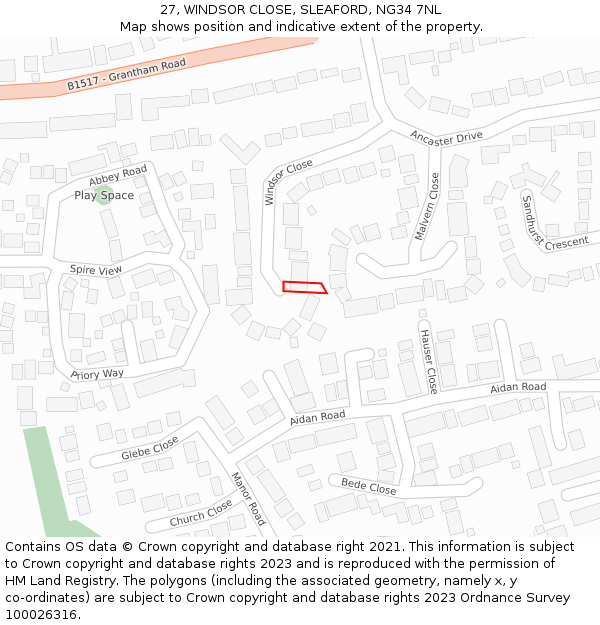 27, WINDSOR CLOSE, SLEAFORD, NG34 7NL: Location map and indicative extent of plot