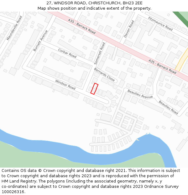 27, WINDSOR ROAD, CHRISTCHURCH, BH23 2EE: Location map and indicative extent of plot