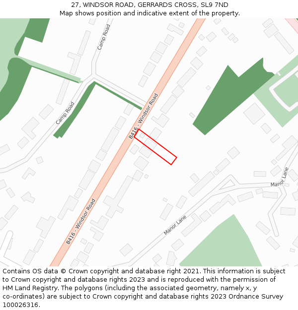 27, WINDSOR ROAD, GERRARDS CROSS, SL9 7ND: Location map and indicative extent of plot