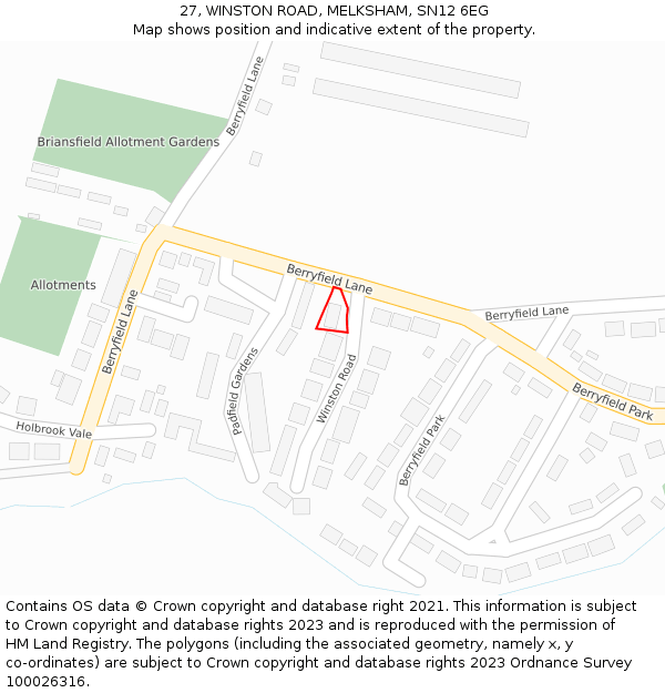 27, WINSTON ROAD, MELKSHAM, SN12 6EG: Location map and indicative extent of plot