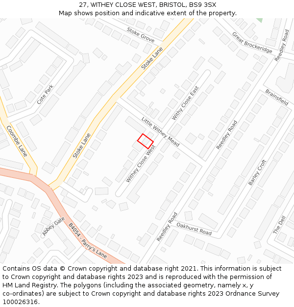 27, WITHEY CLOSE WEST, BRISTOL, BS9 3SX: Location map and indicative extent of plot