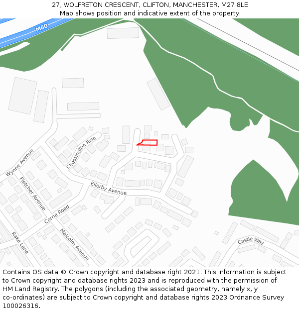 27, WOLFRETON CRESCENT, CLIFTON, MANCHESTER, M27 8LE: Location map and indicative extent of plot