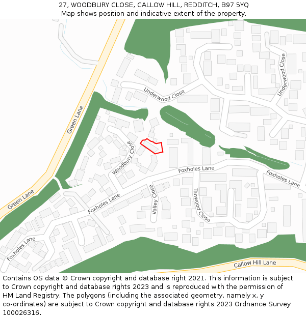 27, WOODBURY CLOSE, CALLOW HILL, REDDITCH, B97 5YQ: Location map and indicative extent of plot