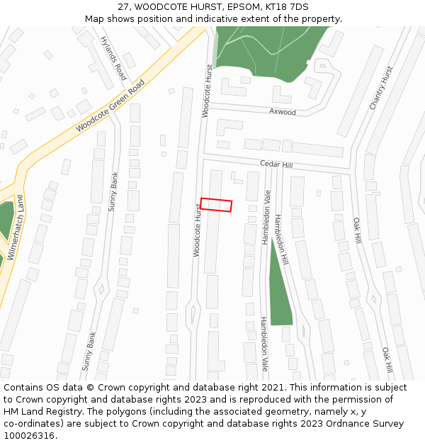 27, WOODCOTE HURST, EPSOM, KT18 7DS: Location map and indicative extent of plot