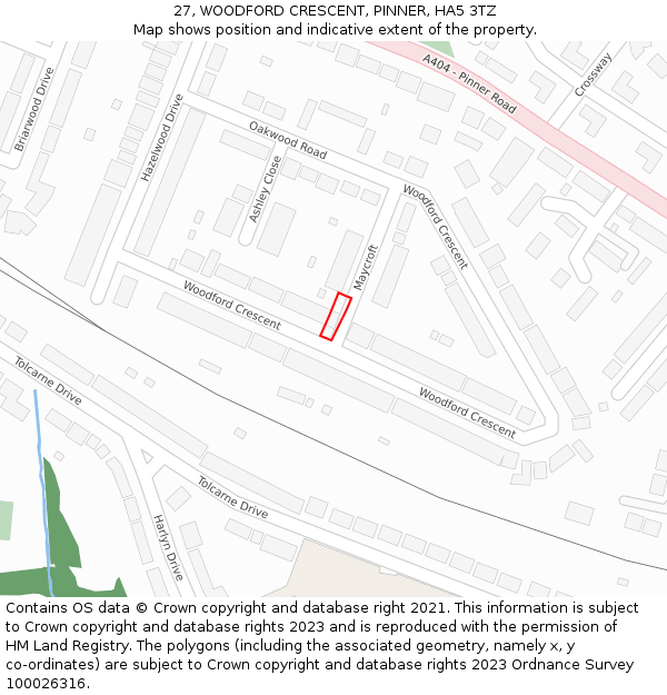 27, WOODFORD CRESCENT, PINNER, HA5 3TZ: Location map and indicative extent of plot