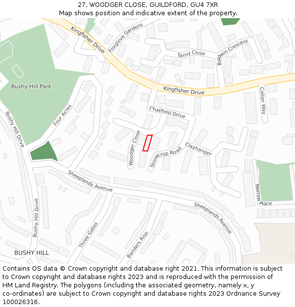 27, WOODGER CLOSE, GUILDFORD, GU4 7XR: Location map and indicative extent of plot