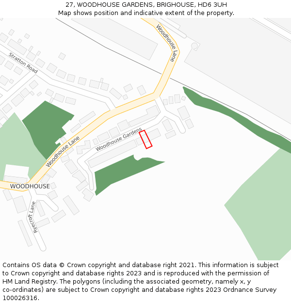 27, WOODHOUSE GARDENS, BRIGHOUSE, HD6 3UH: Location map and indicative extent of plot